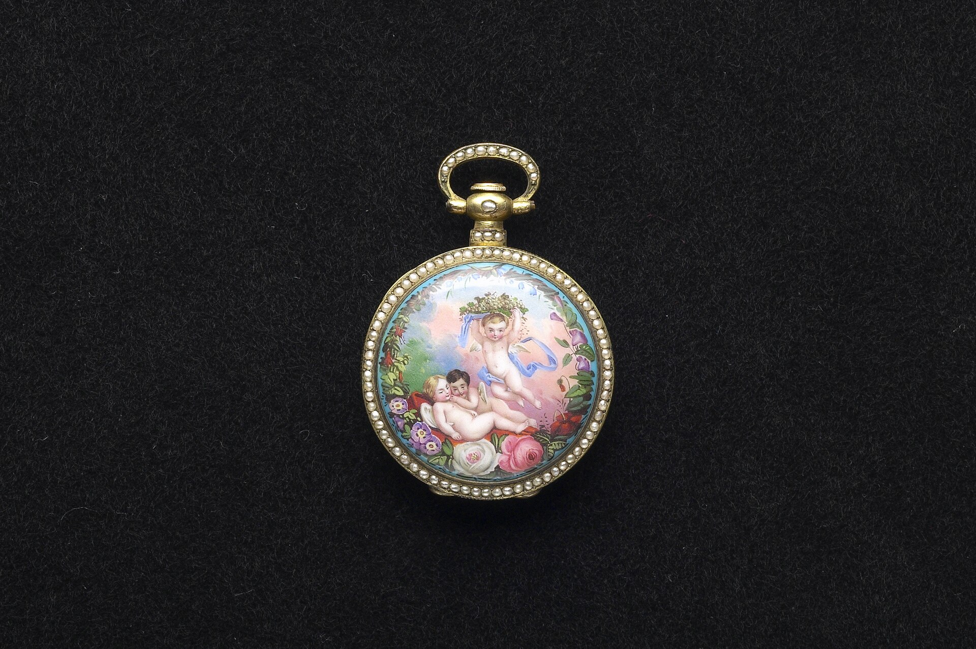 Bovet pocket watch with pearls and painted enamel, 19th century